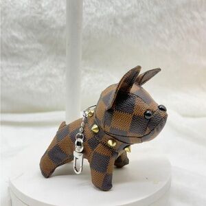 Chic Brown Checkered Dog Keychain with Gold Details